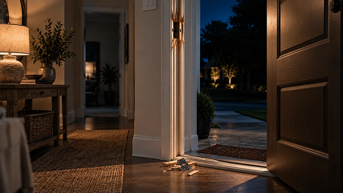 Residential door showing forced-entry damage around the lock and door frame