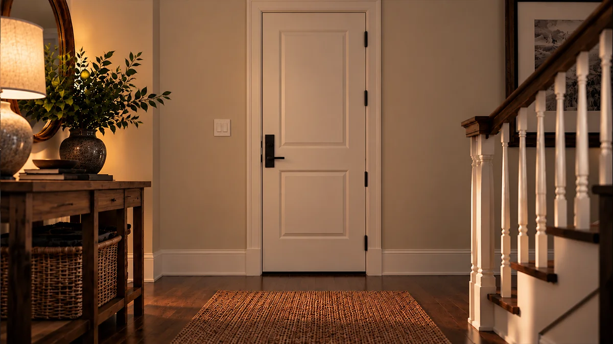 Residential entry door in a warmly lit home interior
